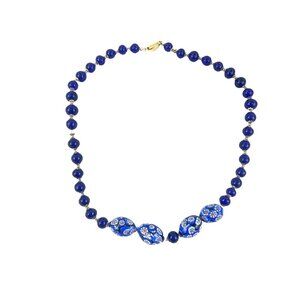 Vintage Blue Italian Millifore Bead Necklace With Floral Accents & Gold Clasp